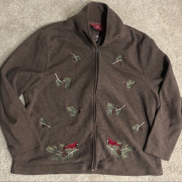 Holiday Lodge Brown Cardinal Embroidered Full Zip Sweater Size XL - Picture 2 of 4